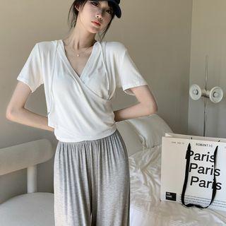 Short-sleeve V-neck Hooded Top