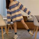Long-sleeve Color Block T-shirt Stripes - Blue & White - One Size