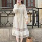 Long-sleeve Layered Collar Lace Panel Midi A-line Dress White - One Size
