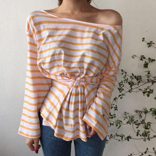 Long-sleeve Tie-waist Striped T-shirt Stripe - One Size