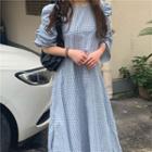 Drawstring Puff-sleeve Loose Fit Plaid Split Dress Blue - Check - One Size
