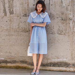 Short-sleeve Lace Collar Midi A-line Dress
