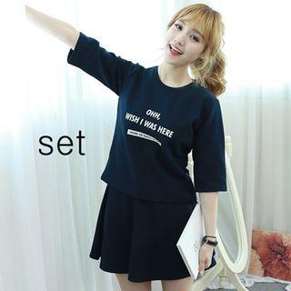 Set: Lettering Elbow-sleeve Top + Band-waist A-line Skirt