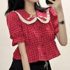 Puff-sleeve Gingham Ruffle Trim Blouse Rose Pink - One Size