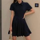 Plain Short-sleeve Pleated Dress Navy Blue - One Size
