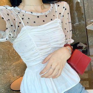 Puff-sleeve Polka Dot Blouse + Ruffled Camisole