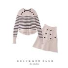 Striped Buttoned Sweater / Double-breasted A-line Knit Skirt