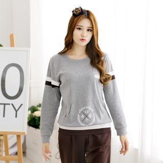 Couple Matching Loungewear Set: Long Sleeve Printed Stripe Pullover + Plain Pants