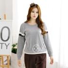 Couple Matching Loungewear Set: Long Sleeve Printed Stripe Pullover + Plain Pants
