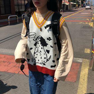 Print Contrast Trim Knit Vest White - One Size