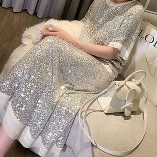 Set: Short-sleeve Sequin Top + A-line Midi Skirt