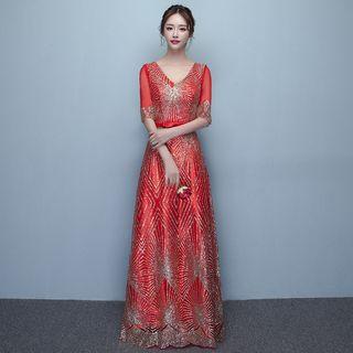 V-neck Elbow-sleeve Cocktail Dress