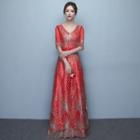 V-neck Elbow-sleeve Cocktail Dress