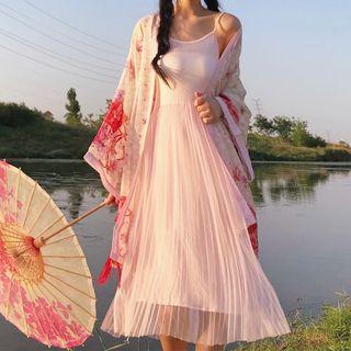 Strappy Sheer Panel Midi Dress / Light Jacket / Belt / Set
