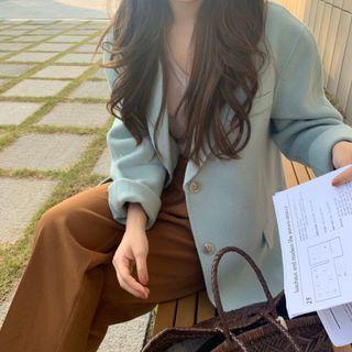 Long Sleeve Plain Woolen Blazer Airy Blue - One Size