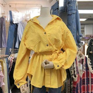 Long-sleeve Tie-waist Plain Shirt
