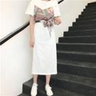 Mock Two-piece Short-sleeve Printed Panel Midi Dress