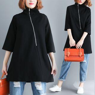 Plain High-neck 3/4-sleeve Sweatshirt