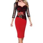 3/4 Sleeve Flower Embroidered Lace Trim Midi Dress