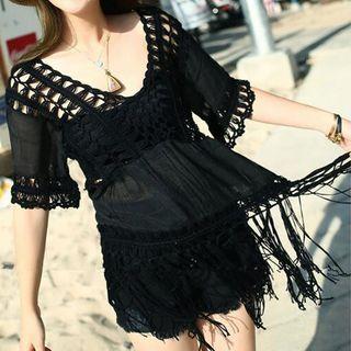 V-neck Fringe Hem Beach Cover-up