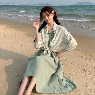Plaid Shirt / Strappy A-line Midi Dress
