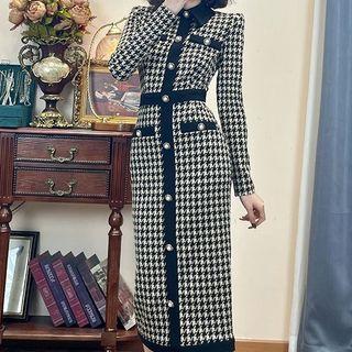 Houndstooth Button-up Midi Knit Dress