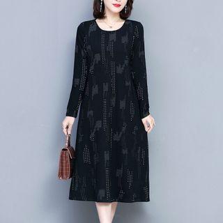 Long-sleeve Print Midi Shift Dress