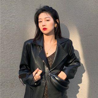 Spaghetti Strap Leopard Print Dress / Faux Leather Single Breasted Blazer
