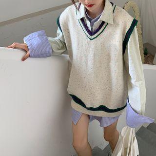 Mock Two-piece Shirt / Contrast Trim Knit Vest