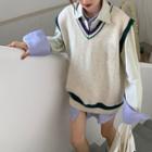 Mock Two-piece Shirt / Contrast Trim Knit Vest