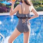 Plaid Mesh Panel Swimsuit