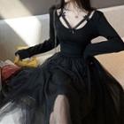 Long-sleeve Lace Strap T-shirt / Midi A-line Mesh Skirt