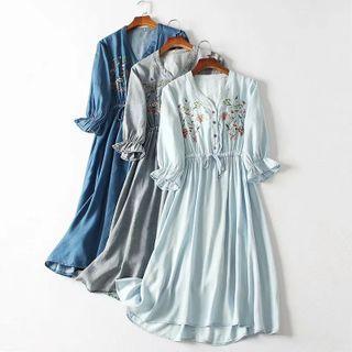 Balloon-sleeve Floral Embroidered Midi A-line Denim Dress