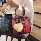 Faux Leather Plaid Panel Heart Shape Pompom Crossbody Bag