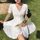 V-neck Short-sleeve Mini A-line Eyelet Dress