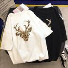 3/4-sleeve Leopard Printed Deer T-shirt