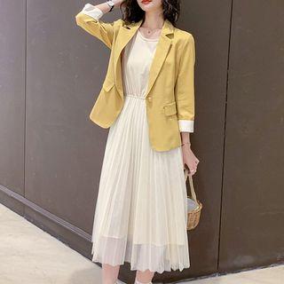 Set: Single-breasted Blazer + Sleeveless Mesh Dress