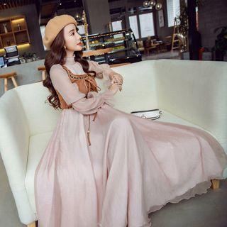 Mock Two-piece Lace-up Midi Dress