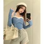 Long-sleeve Ruffle Trim T-shirt Blue - One Size