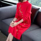 Long-sleeve Embroidered Knit Midi Dress