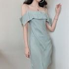 Plain Off-shoulder Asymmetric Strap A-line Dress Green - One Size