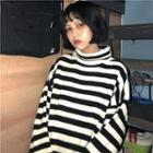 Mock-neck Striped Sweater Stripe - One Size