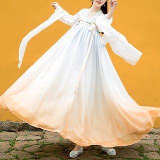 Hanfu Set Of 2 : Print Long-sleeve Top + Chest-full Maxi Skirt