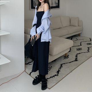 Spaghetti Strap Plain Jumpsuit / Striped Shirt