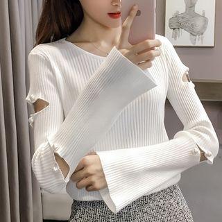 Cutout Faux-peal Detail Long-sleeve Knit Top