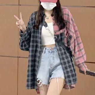 Long-sleeve Plaid Patchwork Oversized Shirt