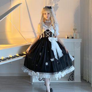 Puff-sleeve Lace Trim Bow A-line Lolita Dress / Faux Pearl Flat Hat