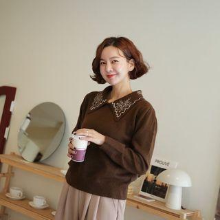 Embroidered-collar Wool Blend Knit Top
