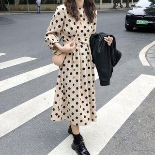 Long-sleeve Dotted Midi A-line Dress / Faux Leather Jacket / Midi T-shirt Dress