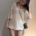 3/4-sleeve Ripped V-neck Sweater